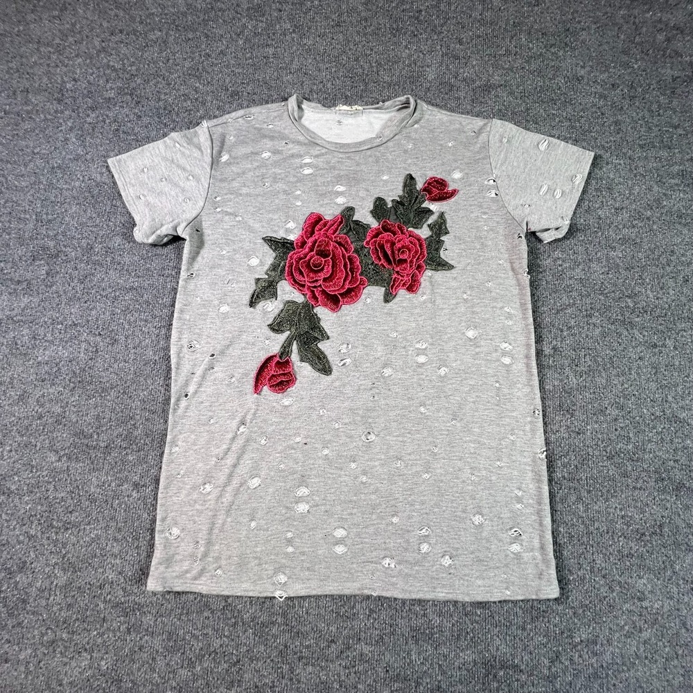 Local Lab T-Shirt Womens L Gray Floral Embroidered Distressed Streetwear Summer